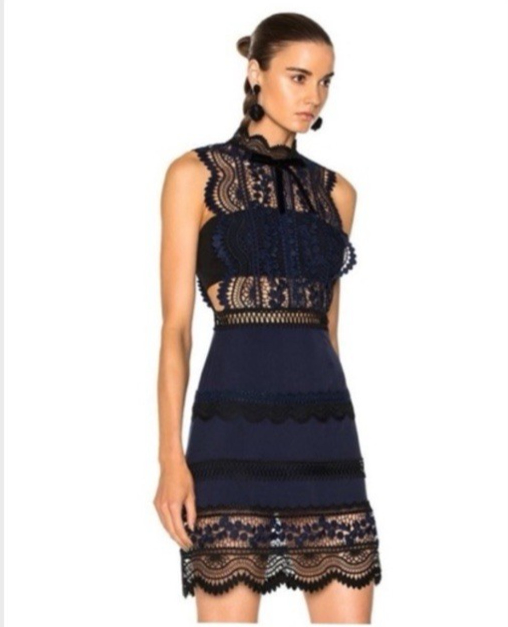 Self Portrait Dress Mini Dress UK 8 US 4 Lace Black Cocktail Formal High Neck
